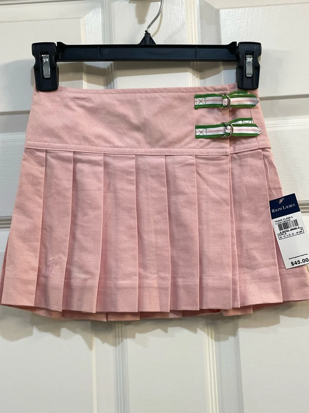 Ralph Lauren Light Pink Pleated Skirt with Green-Trim Buckles